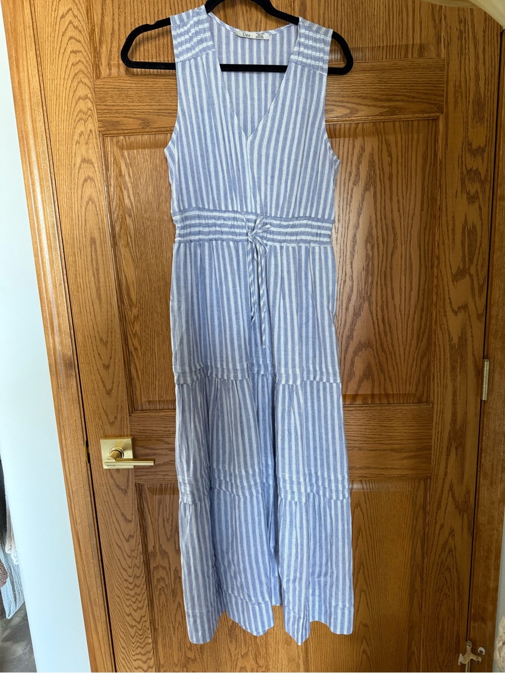 Dex Blue & White Striped Girls Maxi Dress with Waist Tie